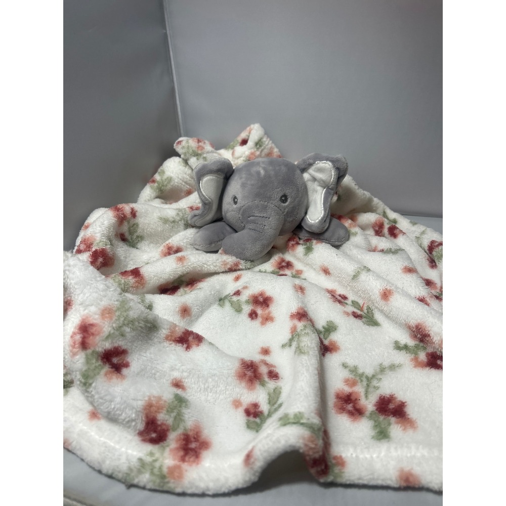 Modern Baby Elephant Security Blanket Floral Pink Red White Plush Lovey 1002469